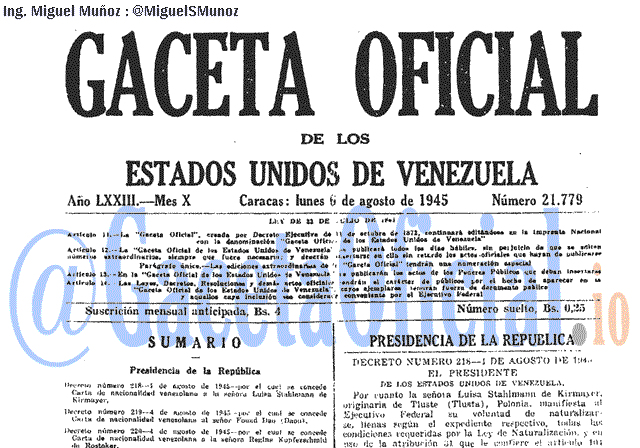 Gaceta Oficial 21779 del 6 Agosto 1945