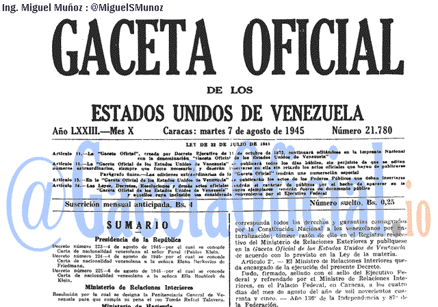 Gaceta Oficial 21780 del 7 Agosto 1945