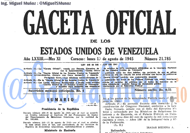 Gaceta Oficial 21785 del 13 Agosto 1945