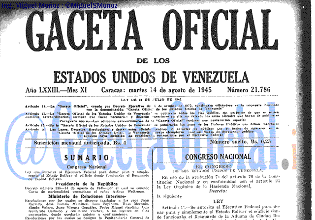 Gaceta Oficial 21786 del 14 Agosto 1945
