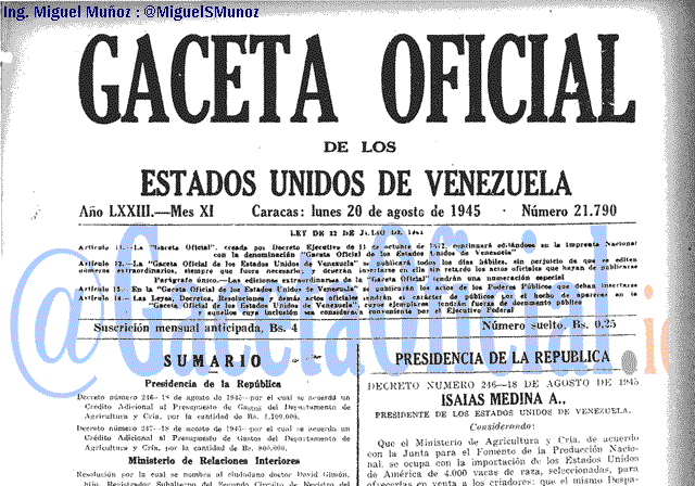Gaceta Oficial 21790 del 20 Agosto 1945
