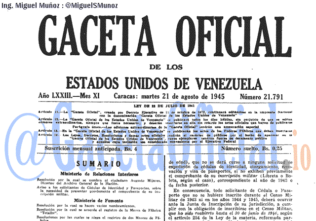 Gaceta Oficial 21791 del 21 Agosto 1945