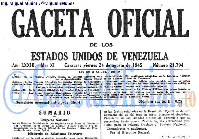 Gaceta Oficial 21794 del 24 Agosto 1945