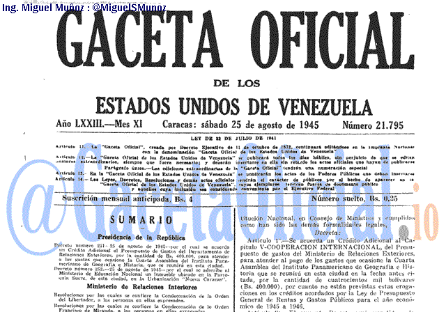 Gaceta Oficial 21795 del 25 Agosto 1945