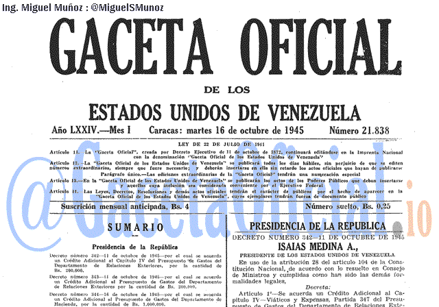 Gaceta Oficial 21838 del 16 Octubre 1945