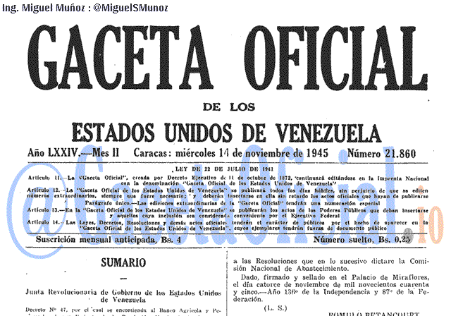 Gaceta Oficial 21860 del 14 Noviembre 1945