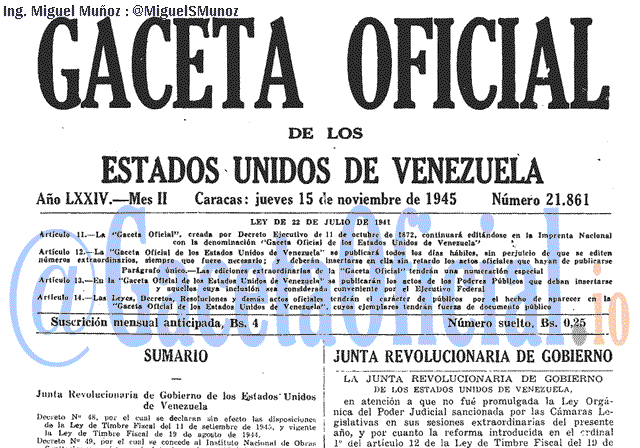 Gaceta Oficial 21861 del 15 Noviembre 1945