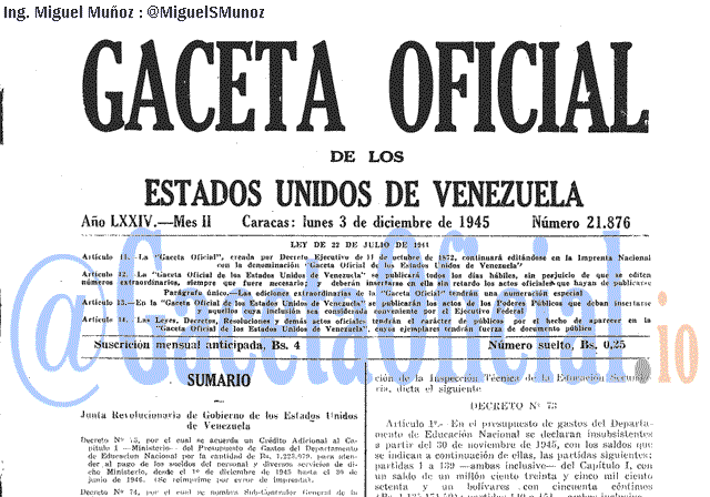 Gaceta Oficial 21876 del 3 Diciembre 1945