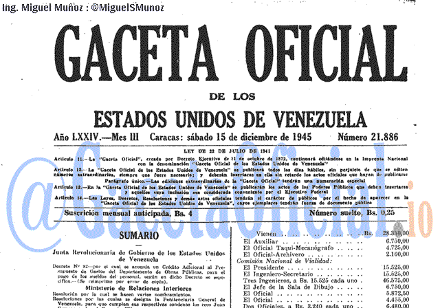 Gaceta Oficial 21886 del 15 Diciembre 1945