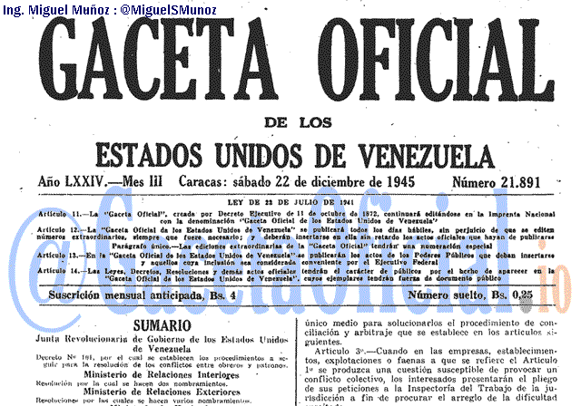 Gaceta Oficial 21891 del 22 Diciembre 1945