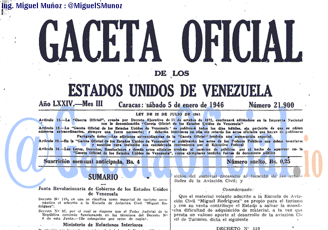 Gaceta Oficial 21900 del 5 Enero 1946