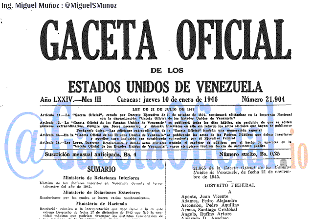 Gaceta Oficial 21904 del 10 Enero 1946