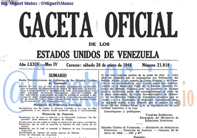 Gaceta Oficial 21918 del 26 Enero 1946