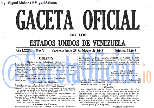 Gaceta Oficial 21943 del 25 Febrero 1946