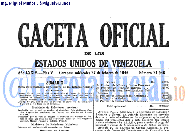 Gaceta Oficial 21945 del 27 Febrero 1946