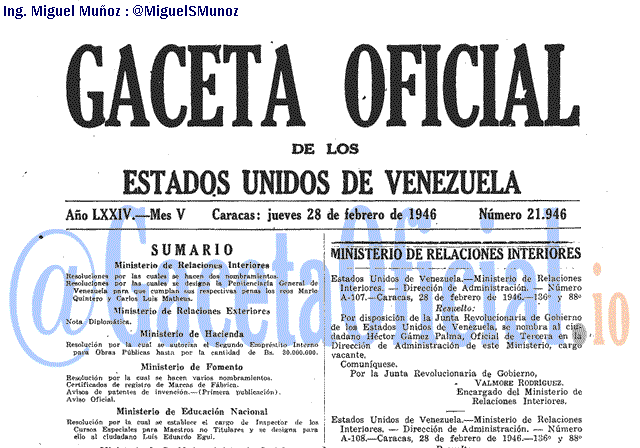 Gaceta Oficial 21946 del 28 Febrero 1946