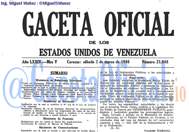 Gaceta Oficial 21948 del 2 Marzo 1946