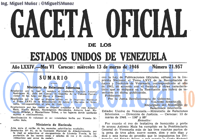 Gaceta Oficial 21957 del 13 Marzo 1946