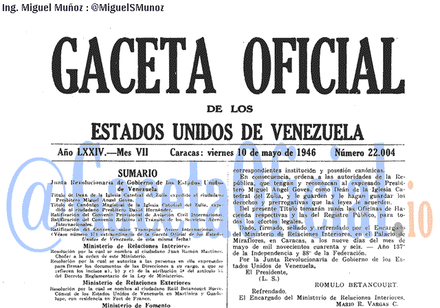 Gaceta Oficial 22004 del 10 Mayo 1946