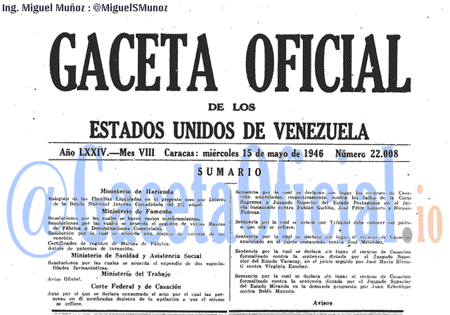 Gaceta Oficial 22008 del 15 Mayo 1946