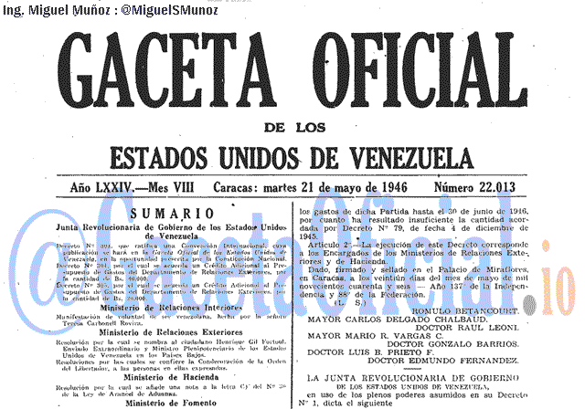 Gaceta Oficial 22013 del 21 Mayo 1946