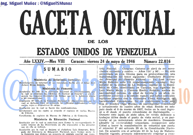 Gaceta Oficial 22016 del 24 Mayo 1946