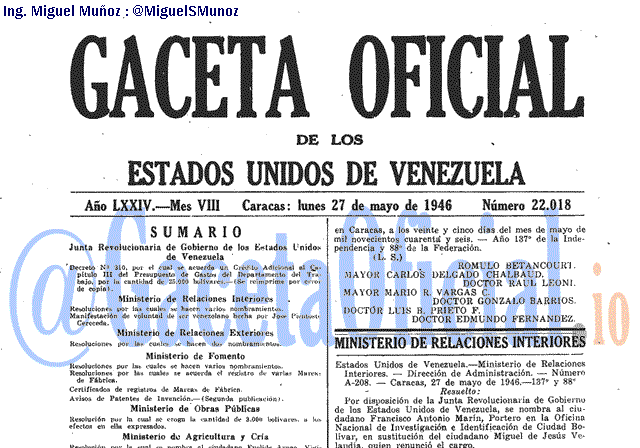 Gaceta Oficial 22018 del 27 Mayo 1946