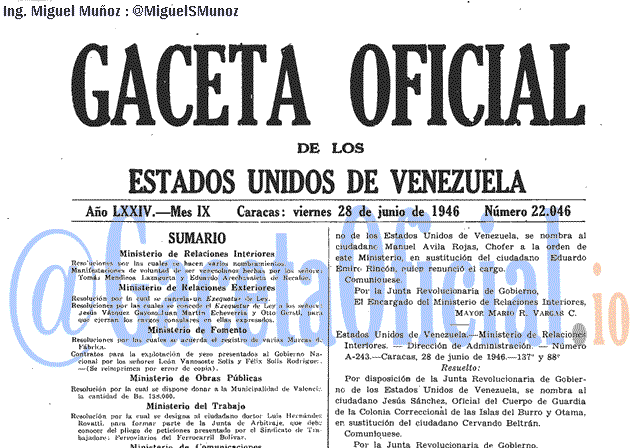 Gaceta Oficial 22046 del 28 Junio 1946
