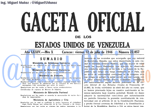 Gaceta Oficial 22057 del 12 Julio 1946