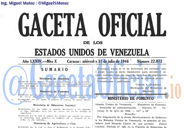 Gaceta Oficial 22072 del 31 Julio 1946