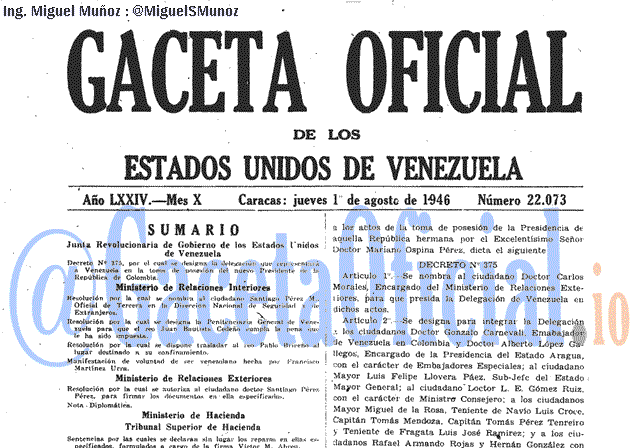Gaceta Oficial 22073 del 1 Agosto 1946