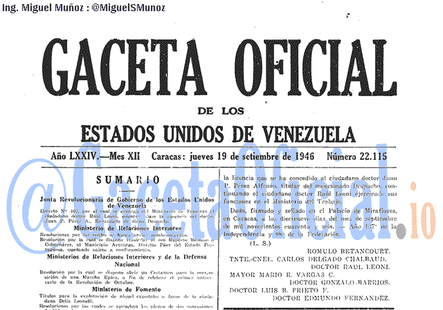 Gaceta Oficial 22115 del 19 Septiembre 1946