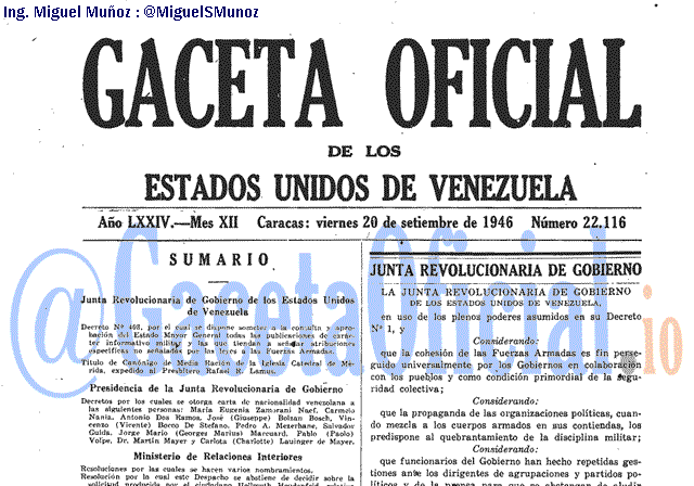 Gaceta Oficial 22116 del 20 Septiembre 1946