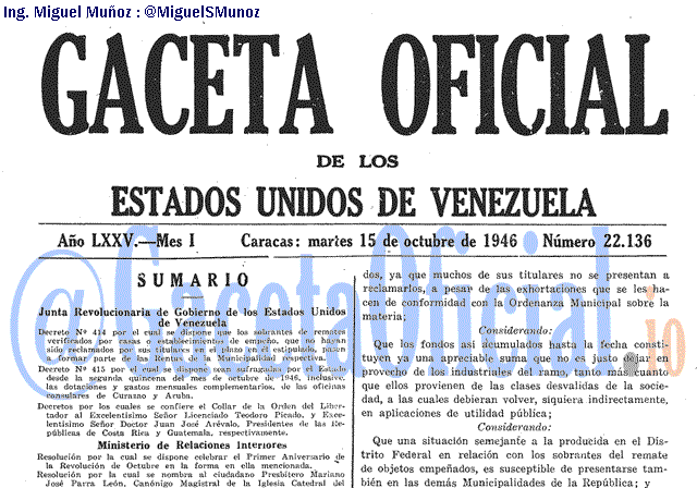 Gaceta Oficial 22136 del 15 Octubre 1946