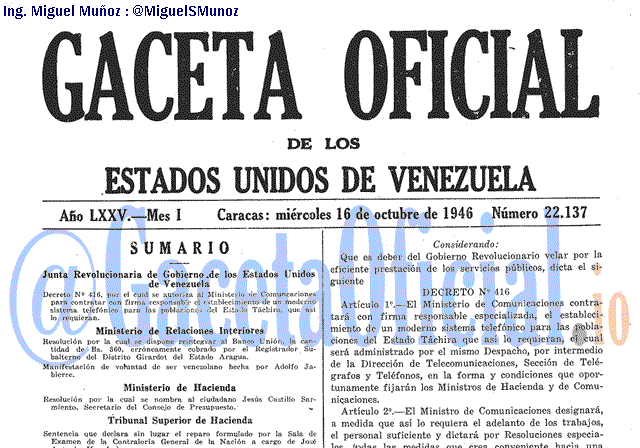 Gaceta Oficial 22137 del 16 Octubre 1946
