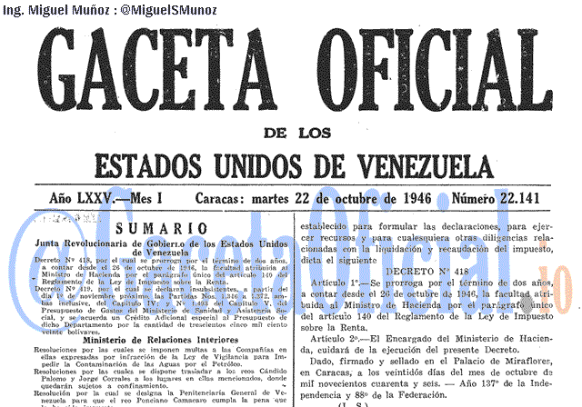 Gaceta Oficial 22141 del 22 Octubre 1946