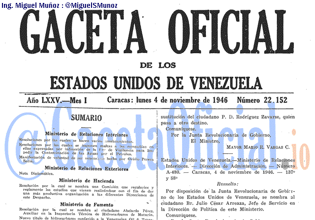 Gaceta Oficial 22152 del 4 Noviembre 1946