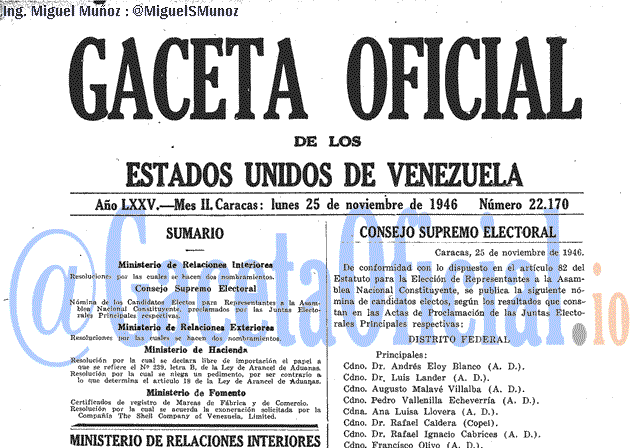 Gaceta Oficial 22170 del 25 Noviembre 1946