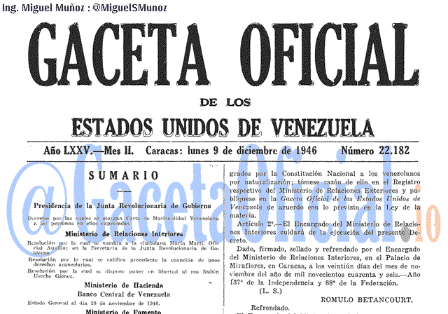 Gaceta Oficial 22182 del 9 Diciembre 1946
