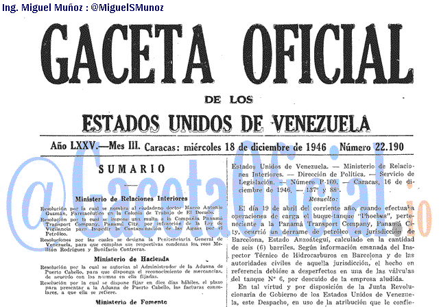 Gaceta Oficial 22190 del 18 Diciembre 1946