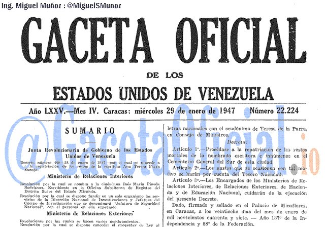Gaceta Oficial 22224 del 29 Enero 1947
