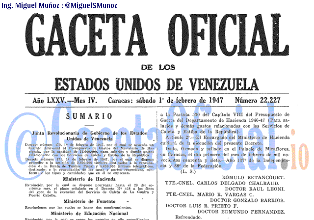 Gaceta Oficial 22227 del 1 Febrero 1947