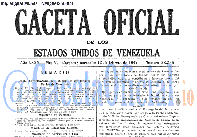 Gaceta Oficial 22236 del 12 Febrero 1947