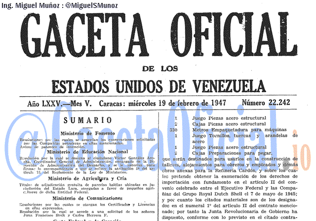 Gaceta Oficial 22242 del 19 Febrero 1947