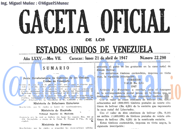 Gaceta Oficial 22290 del 21 Abril 1947
