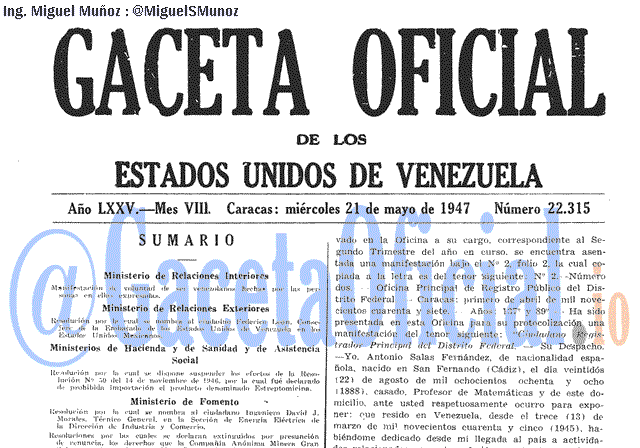 Gaceta Oficial 22315 del 21 Mayo 1947