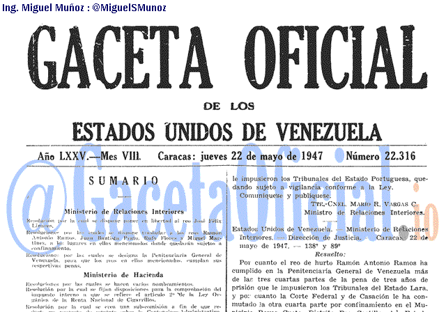 Gaceta Oficial 22316 del 22 Mayo 1947