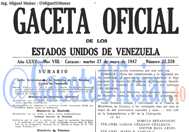Gaceta Oficial 22320 del 27 Mayo 1947