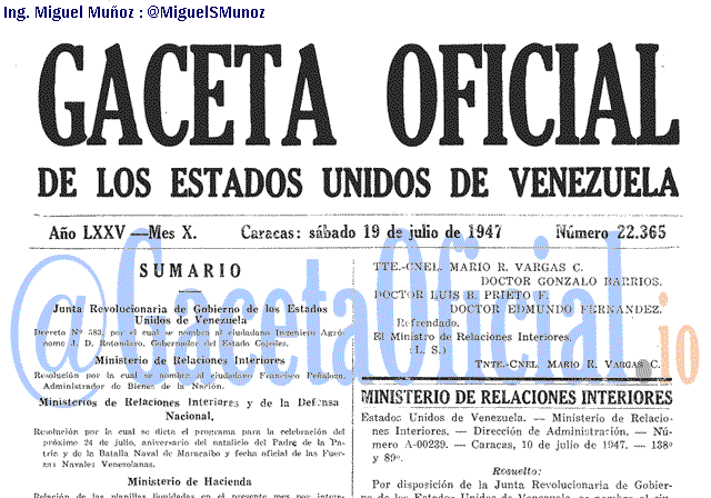 Gaceta Oficial 22365 del 19 Julio 1947