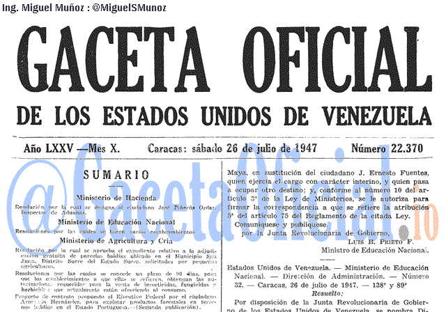 Gaceta Oficial 22370 del 26 Julio 1947